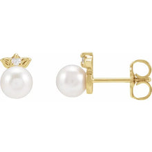 Load image into Gallery viewer, 14k pearl &amp; diamond leaf earrings