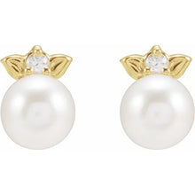 Load image into Gallery viewer, 14k pearl &amp; diamond leaf earrings