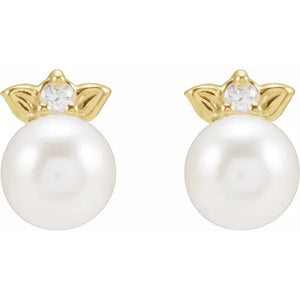 14k pearl & diamond leaf earrings