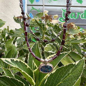 Mosaic opal, garnet and gemstone bead necklace