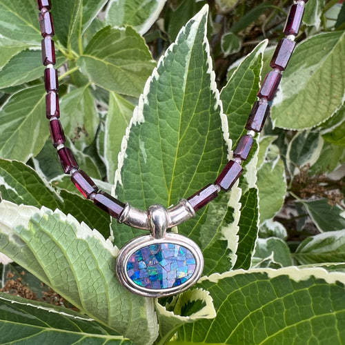 Mosaic opal, garnet and gemstone bead necklace