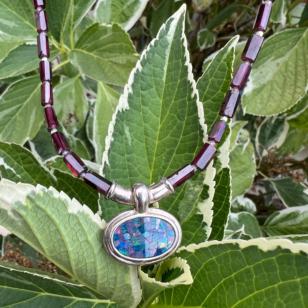 Mosaic opal, garnet and gemstone bead necklace