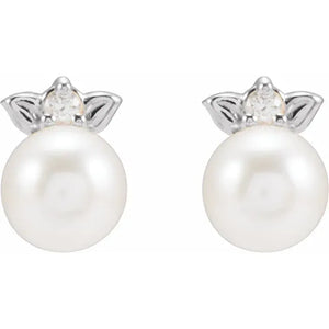 14k pearl & diamond leaf earrings