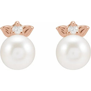 14k pearl & diamond leaf earrings