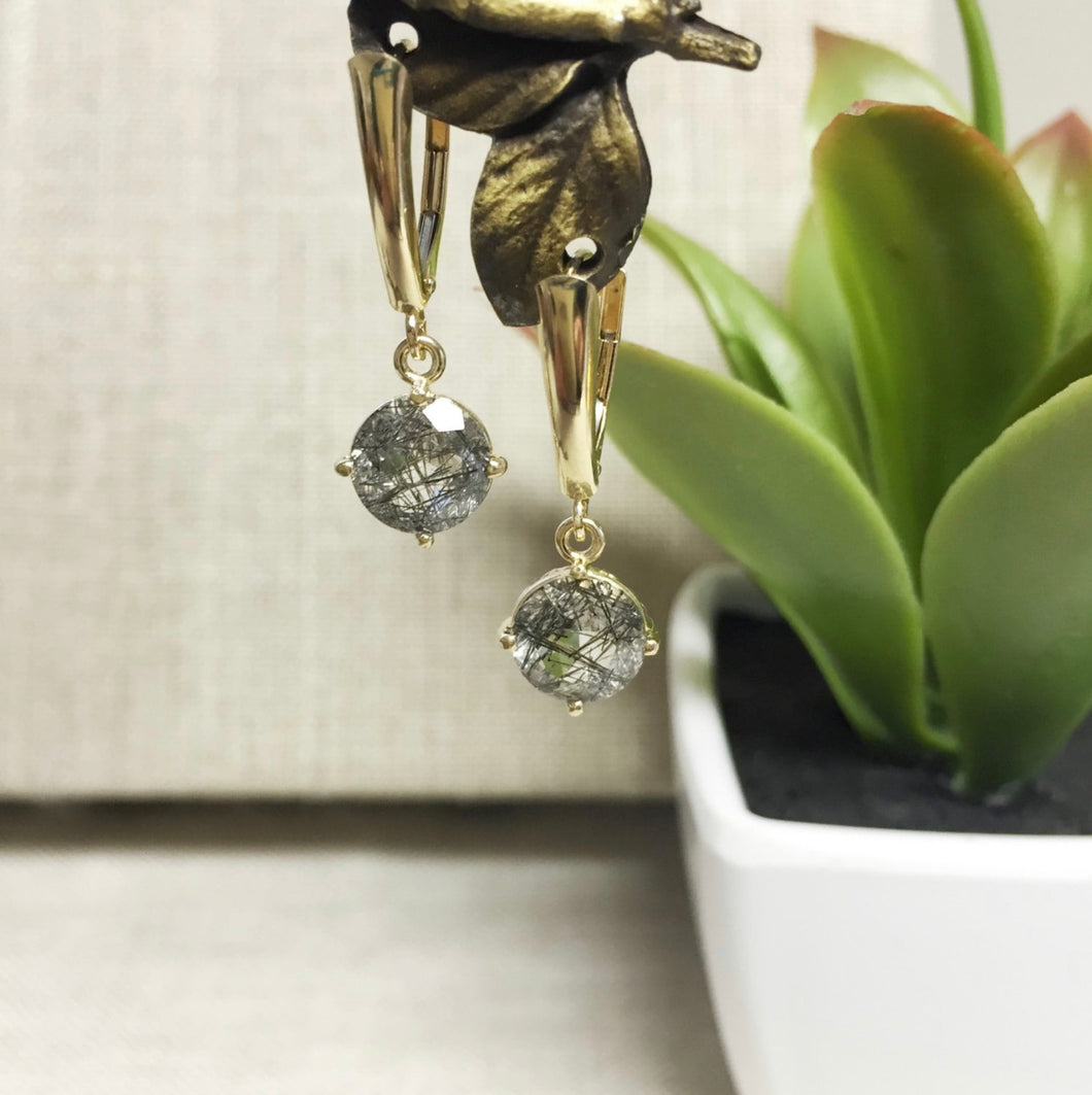 14ky black tourmalinated quartz dangle earring MTO