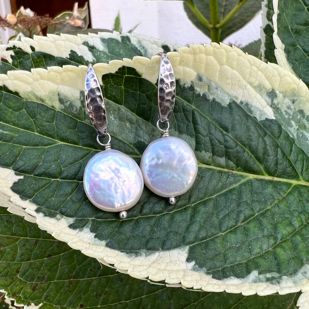 Hammered silver coin pearl earrings